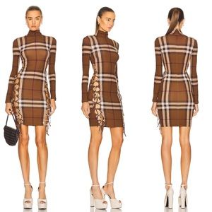 Burberry Licia Check Stretch Jersey Lattice Cut Out Dress in Dark Birch Brown